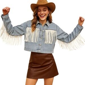NWT Vigoss Small Denim Cropped Jean Jacket w/ Fringe Cotton Western Festival